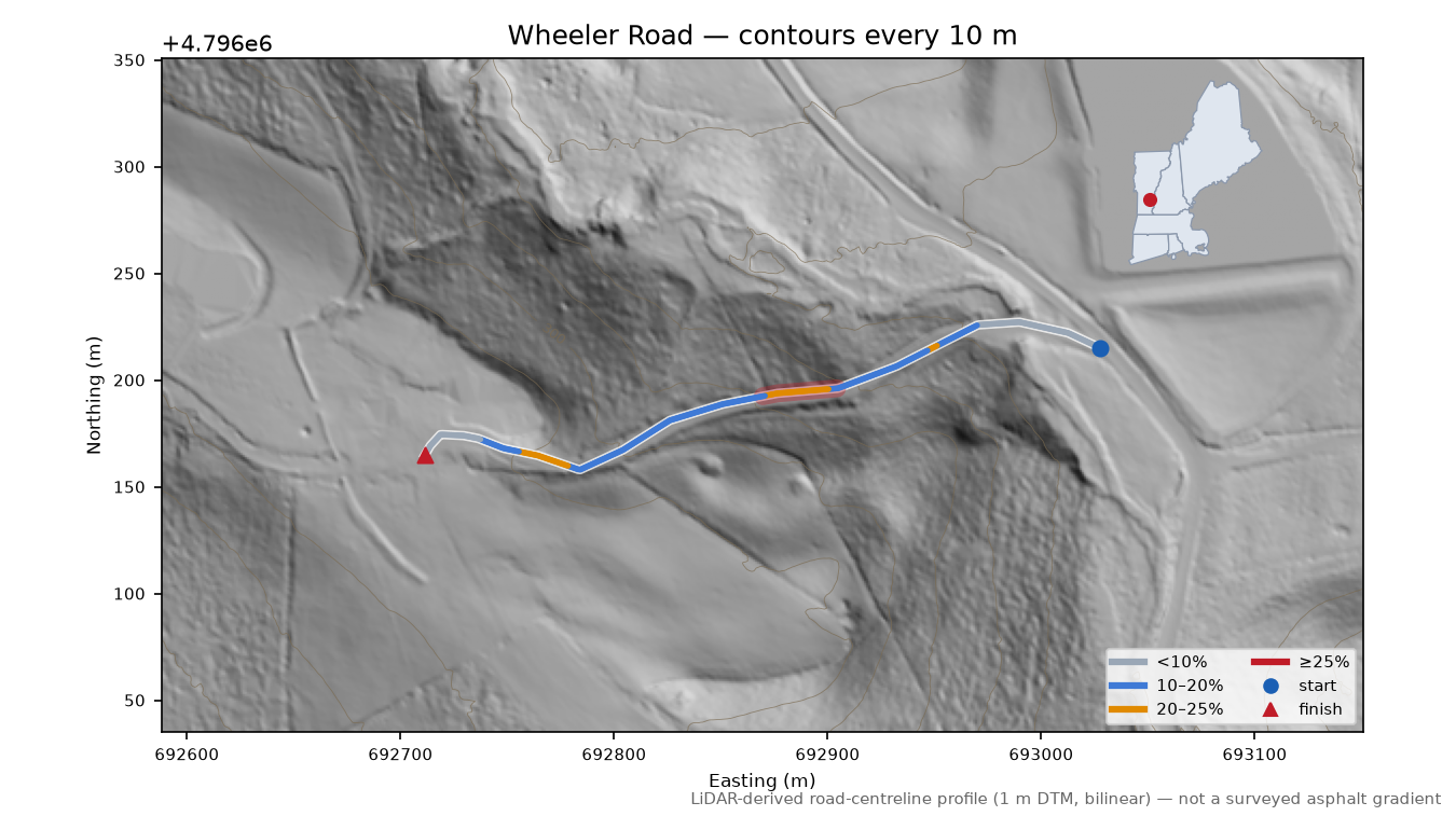 Wheeler Road LiDAR hillshade map with contours