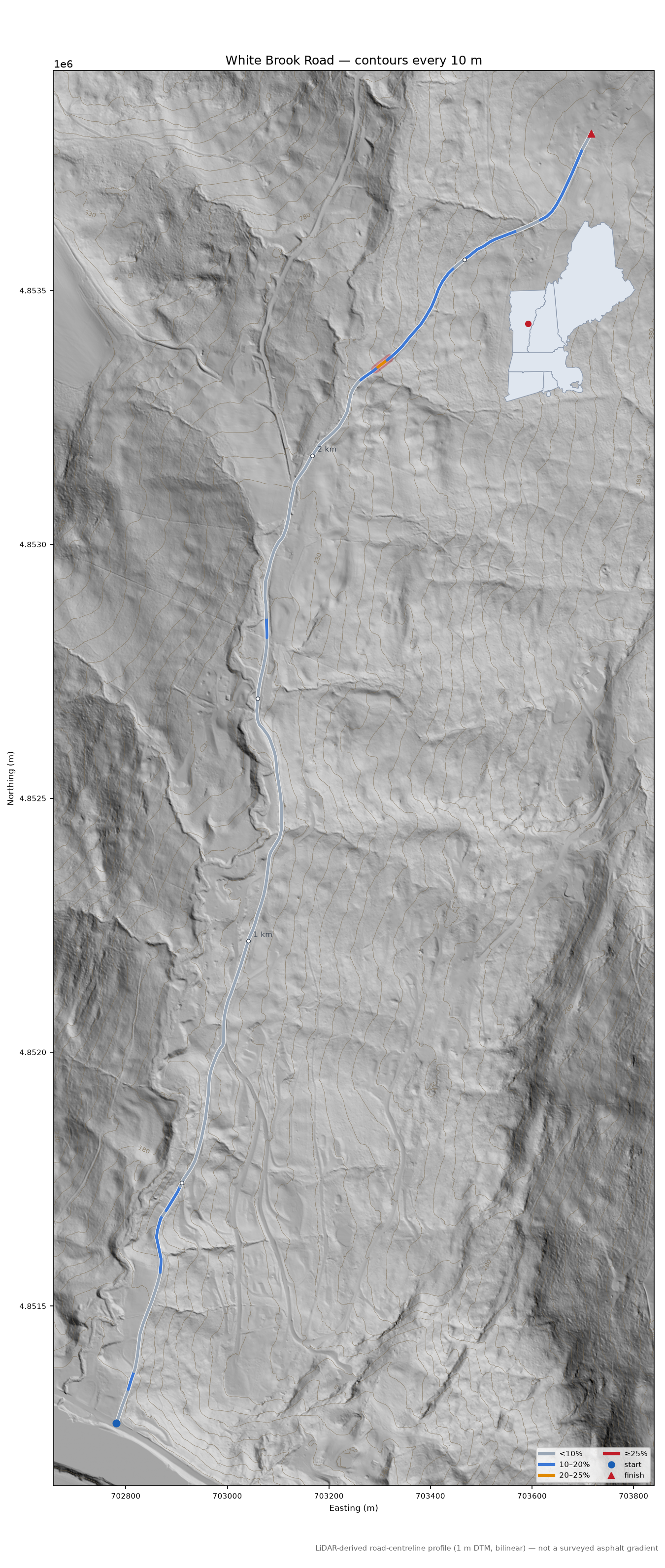 White Brook Road LiDAR hillshade map with contours