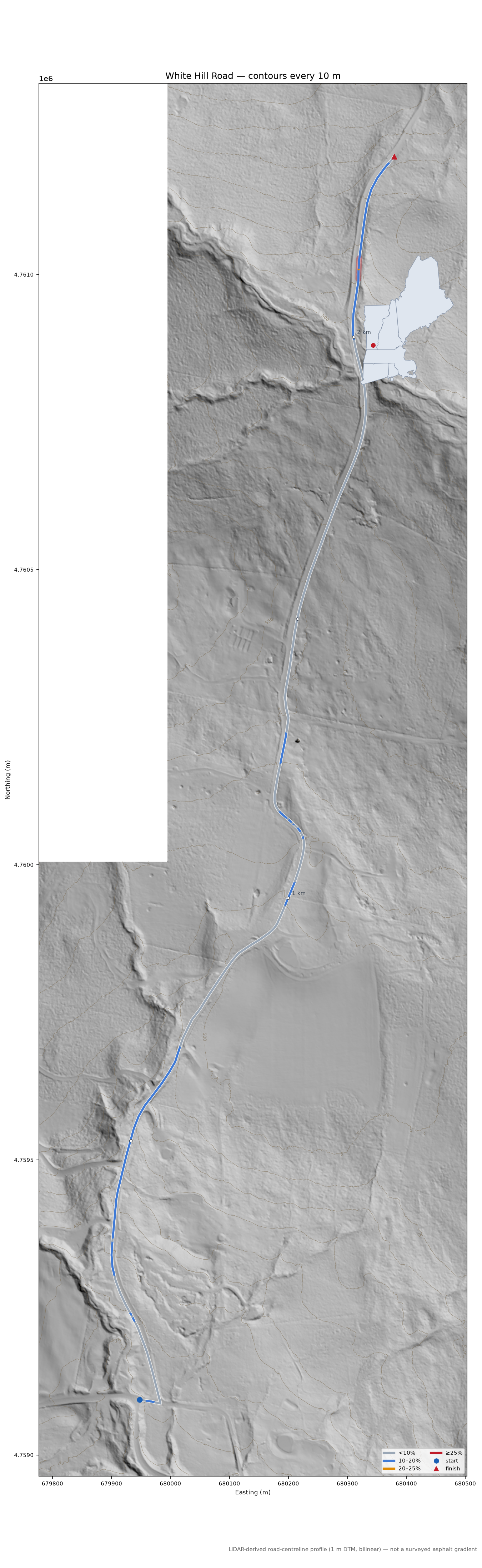 White Hill Road LiDAR hillshade map with contours