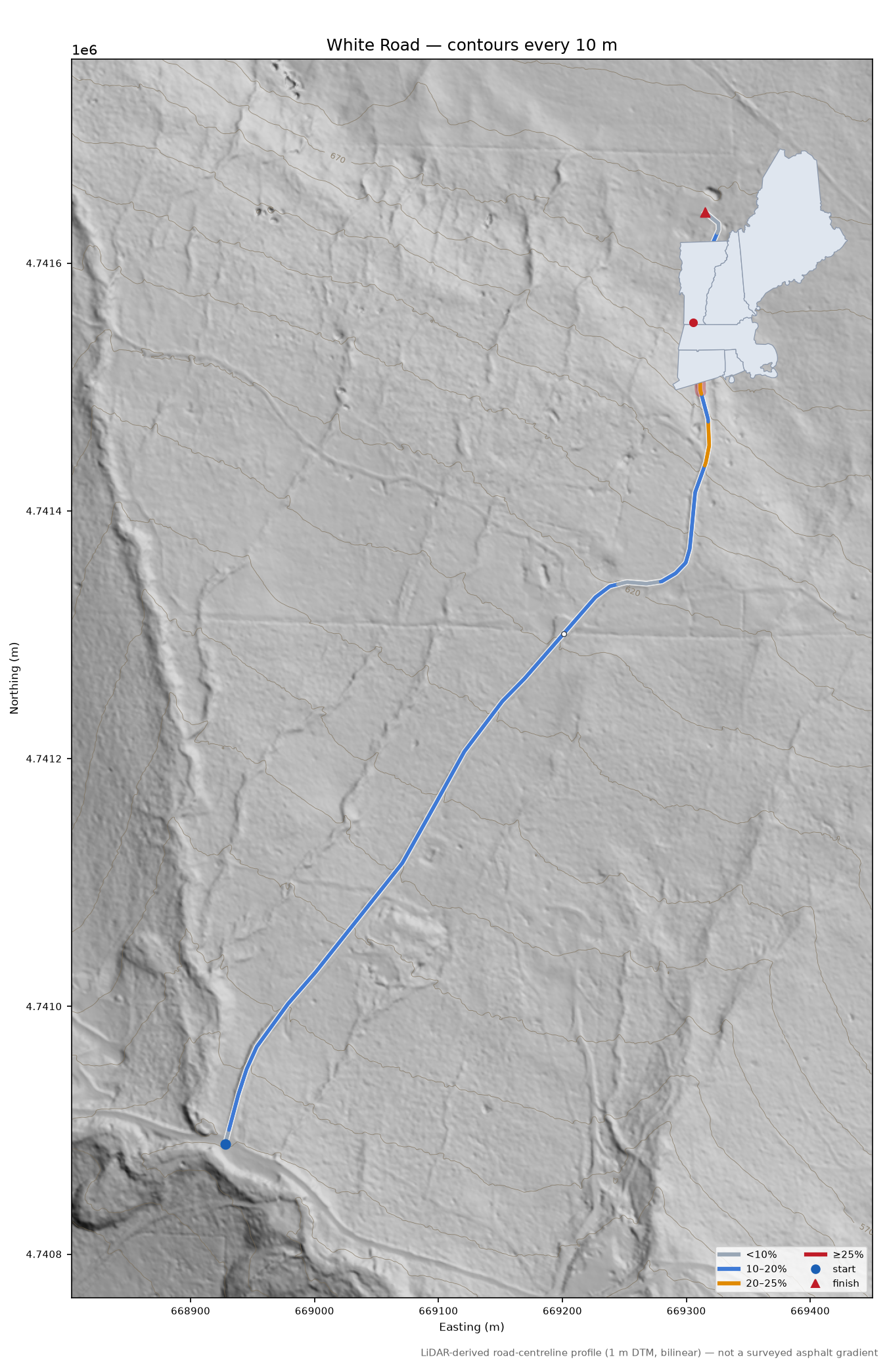 White Road LiDAR hillshade map with contours