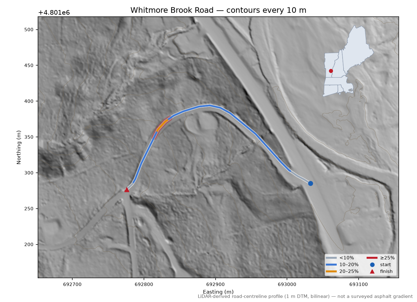 Whitmore Brook Road LiDAR hillshade map with contours