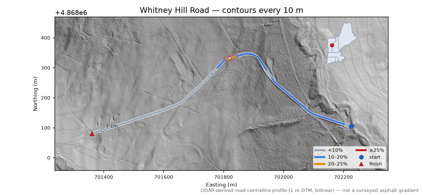 Whitney Hill Road LiDAR hillshade map with contours