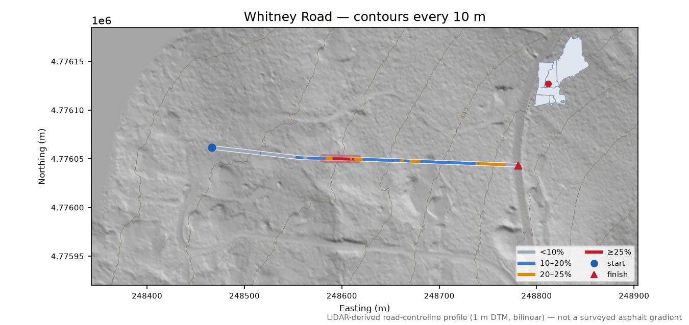 Whitney Road LiDAR hillshade map with contours