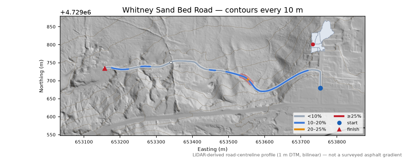 Whitney Sand Bed Road LiDAR hillshade map with contours