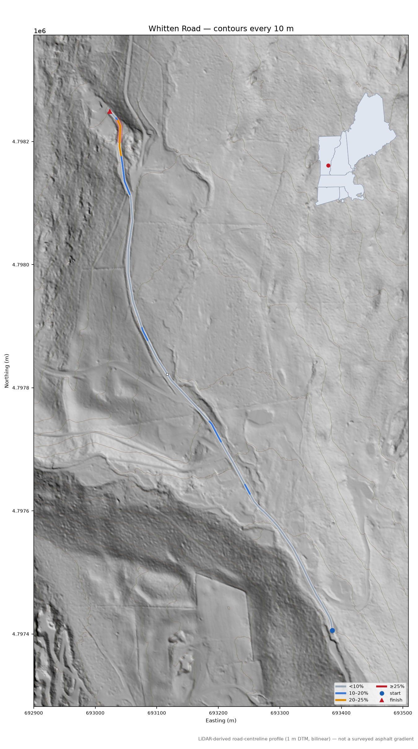 Whitten Road LiDAR hillshade map with contours
