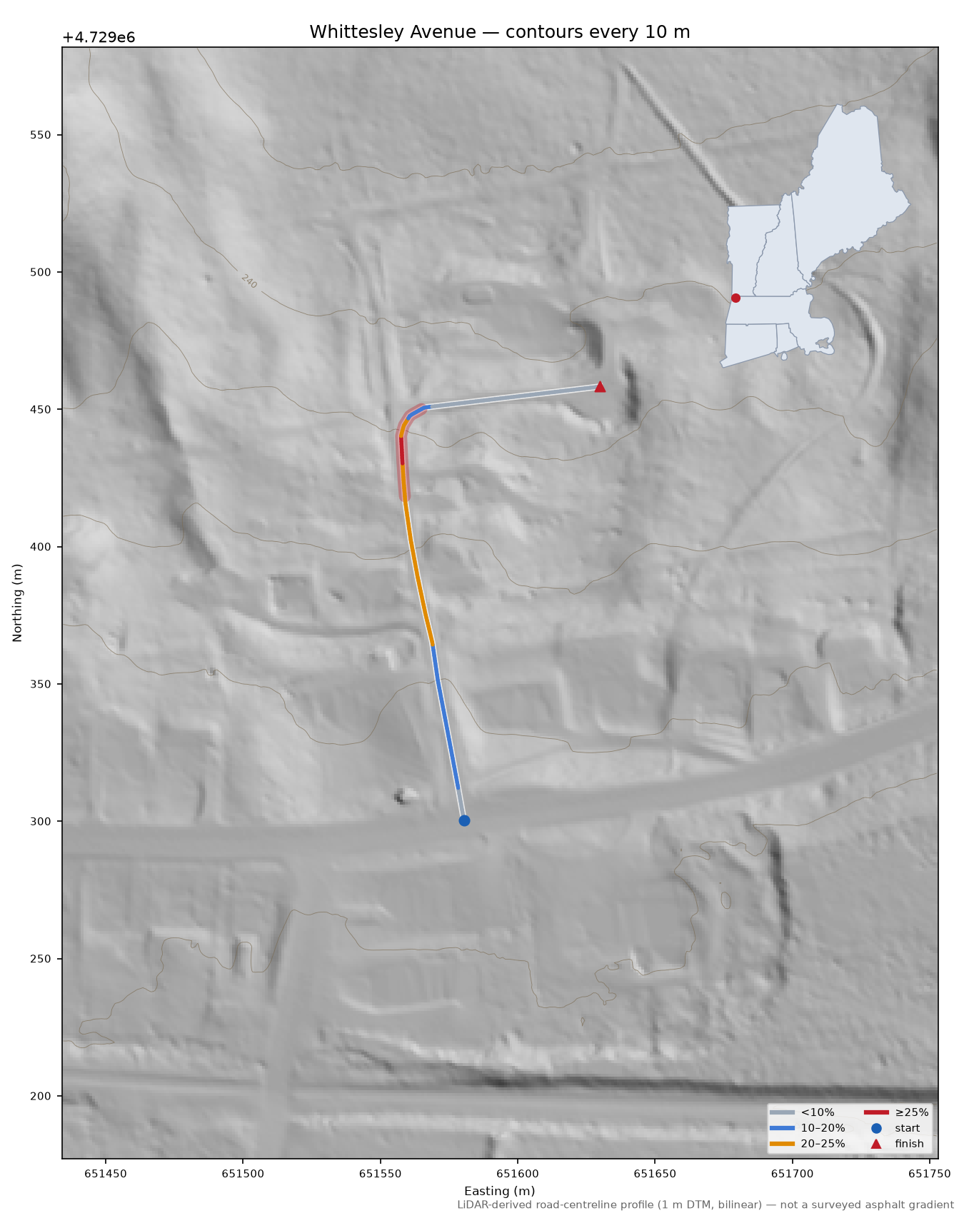 Whittesley Avenue LiDAR hillshade map with contours