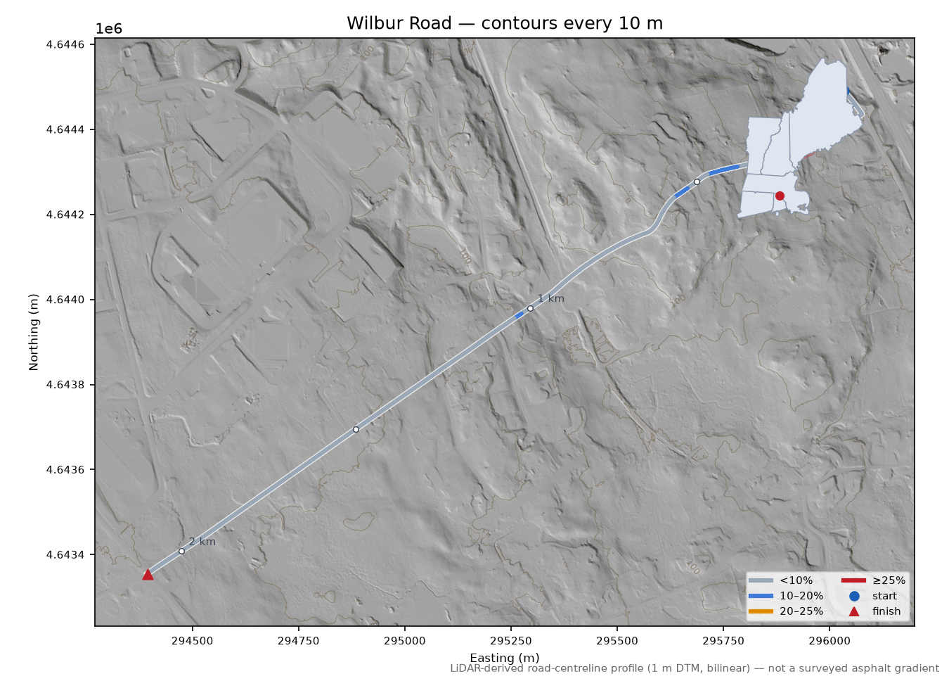 Wilbur Road LiDAR hillshade map with contours