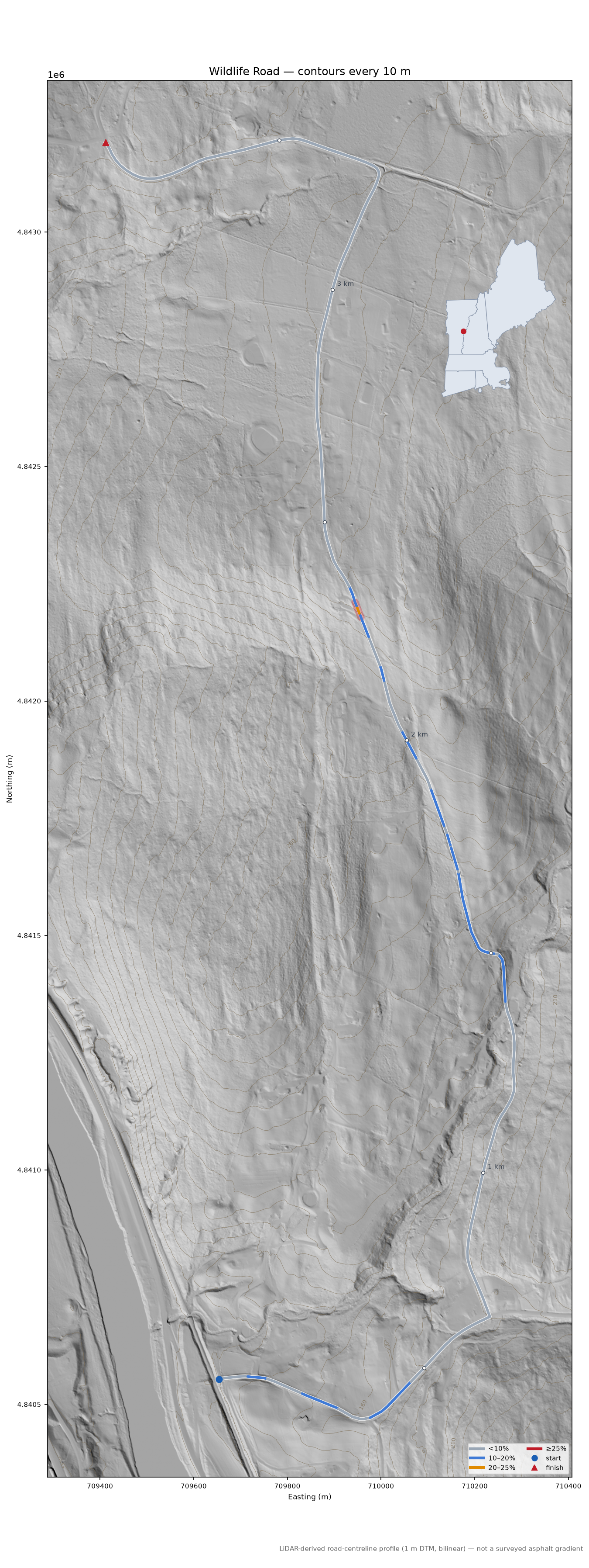 Wildlife Road LiDAR hillshade map with contours