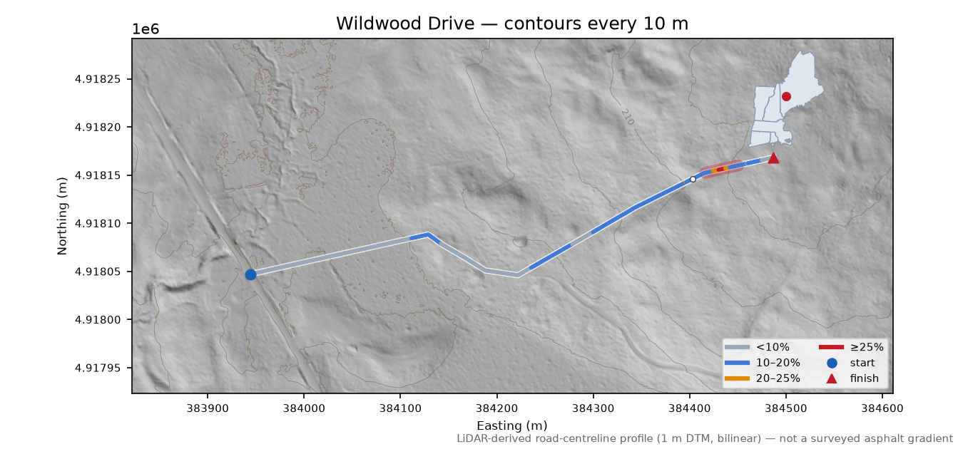 Wildwood Drive LiDAR hillshade map with contours