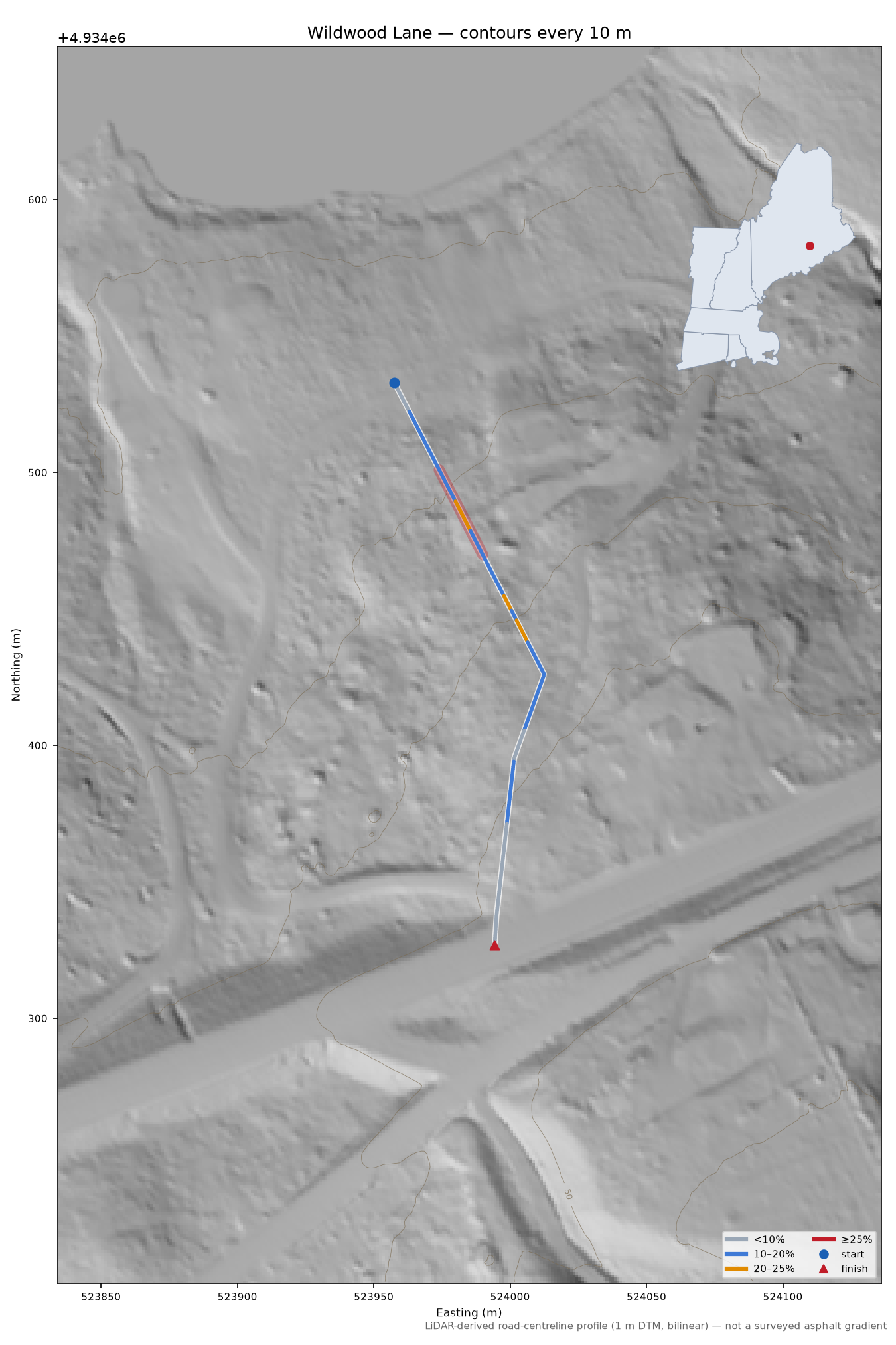 Wildwood Lane LiDAR hillshade map with contours