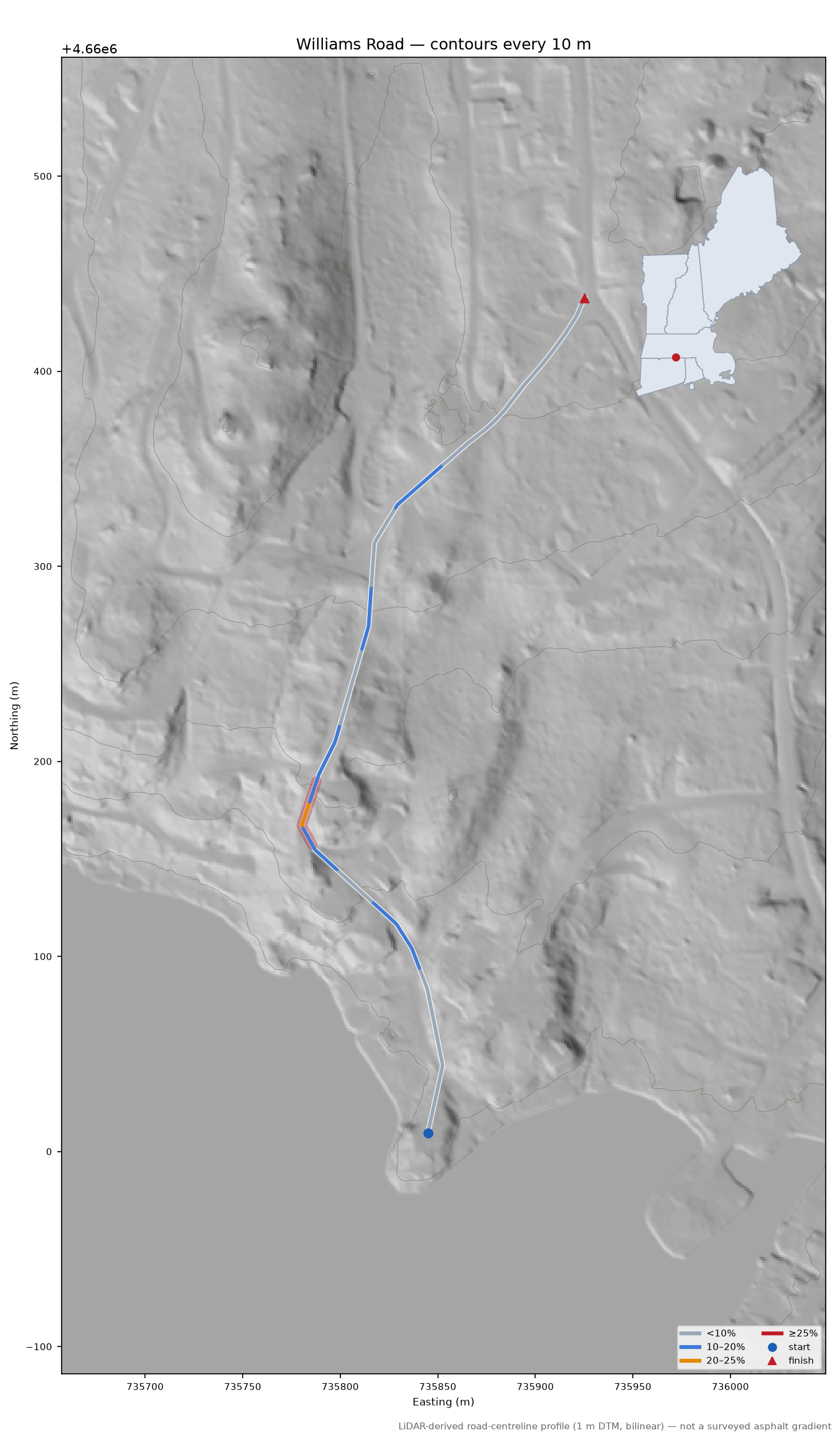 Williams Road LiDAR hillshade map with contours