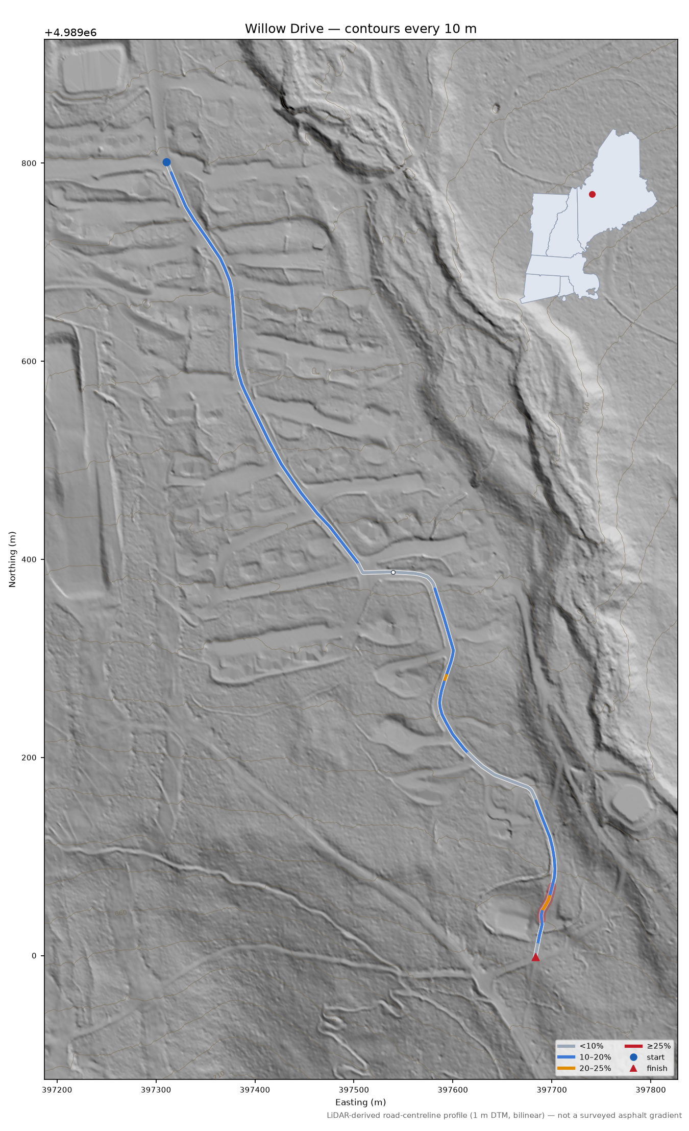 Willow Drive LiDAR hillshade map with contours