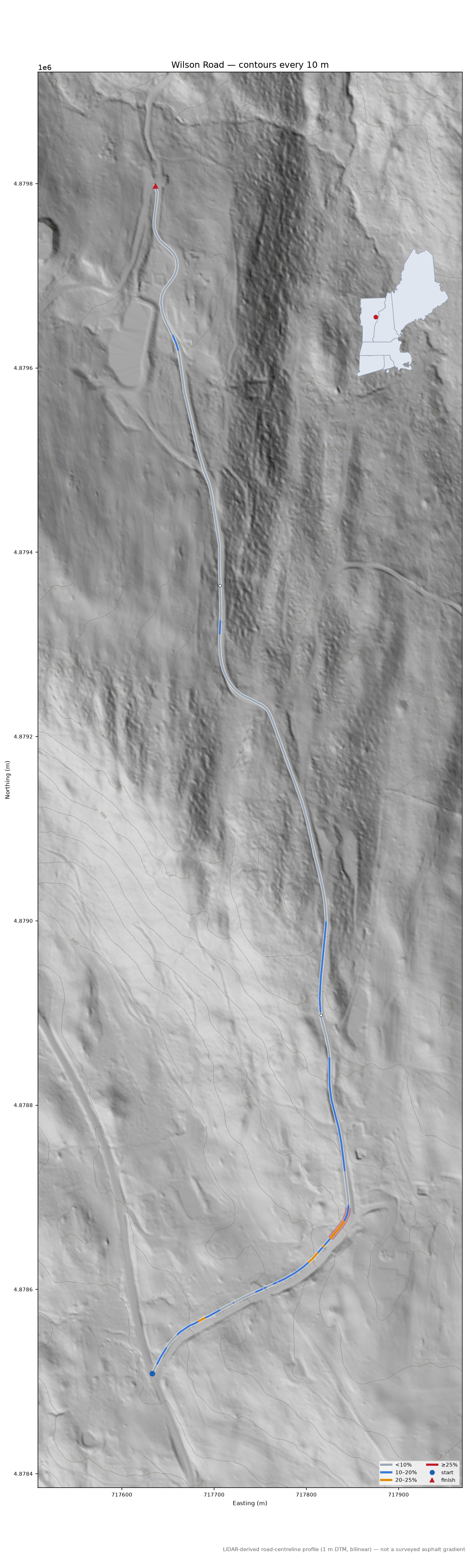 Wilson Road LiDAR hillshade map with contours
