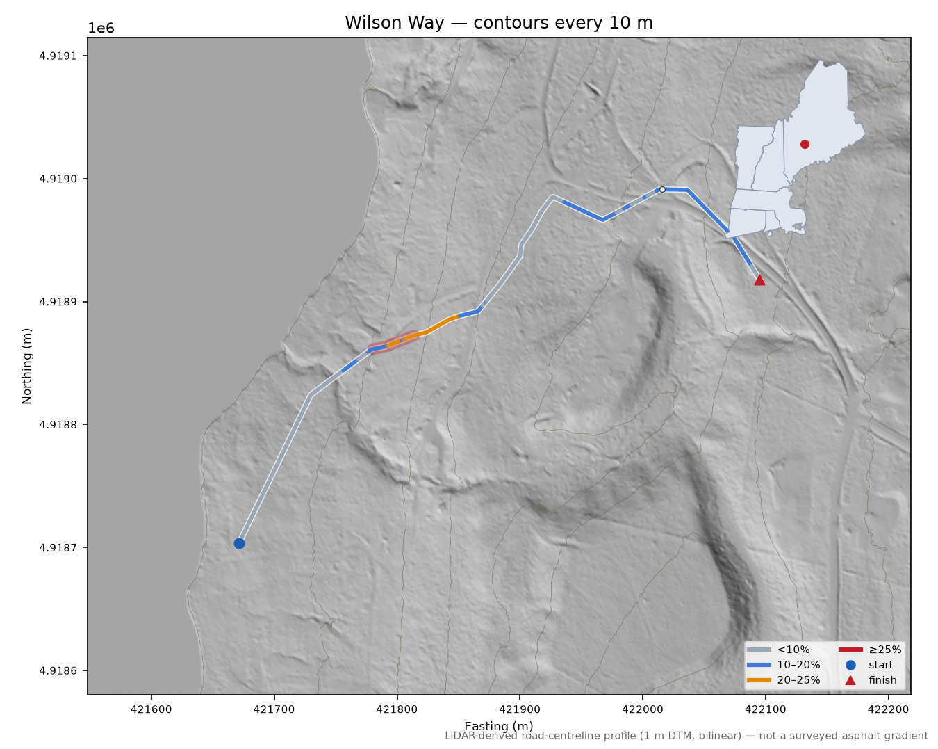 Wilson Way LiDAR hillshade map with contours