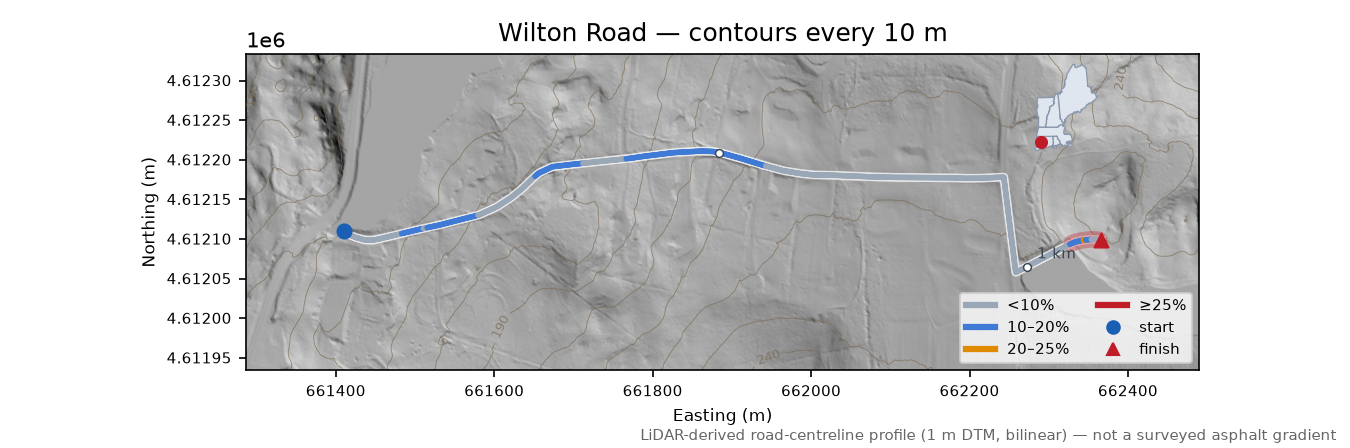 Wilton Road LiDAR hillshade map with contours