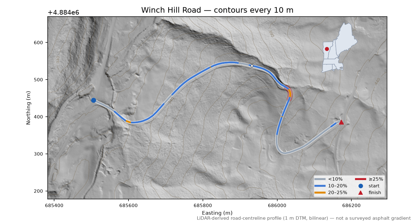 Winch Hill Road LiDAR hillshade map with contours