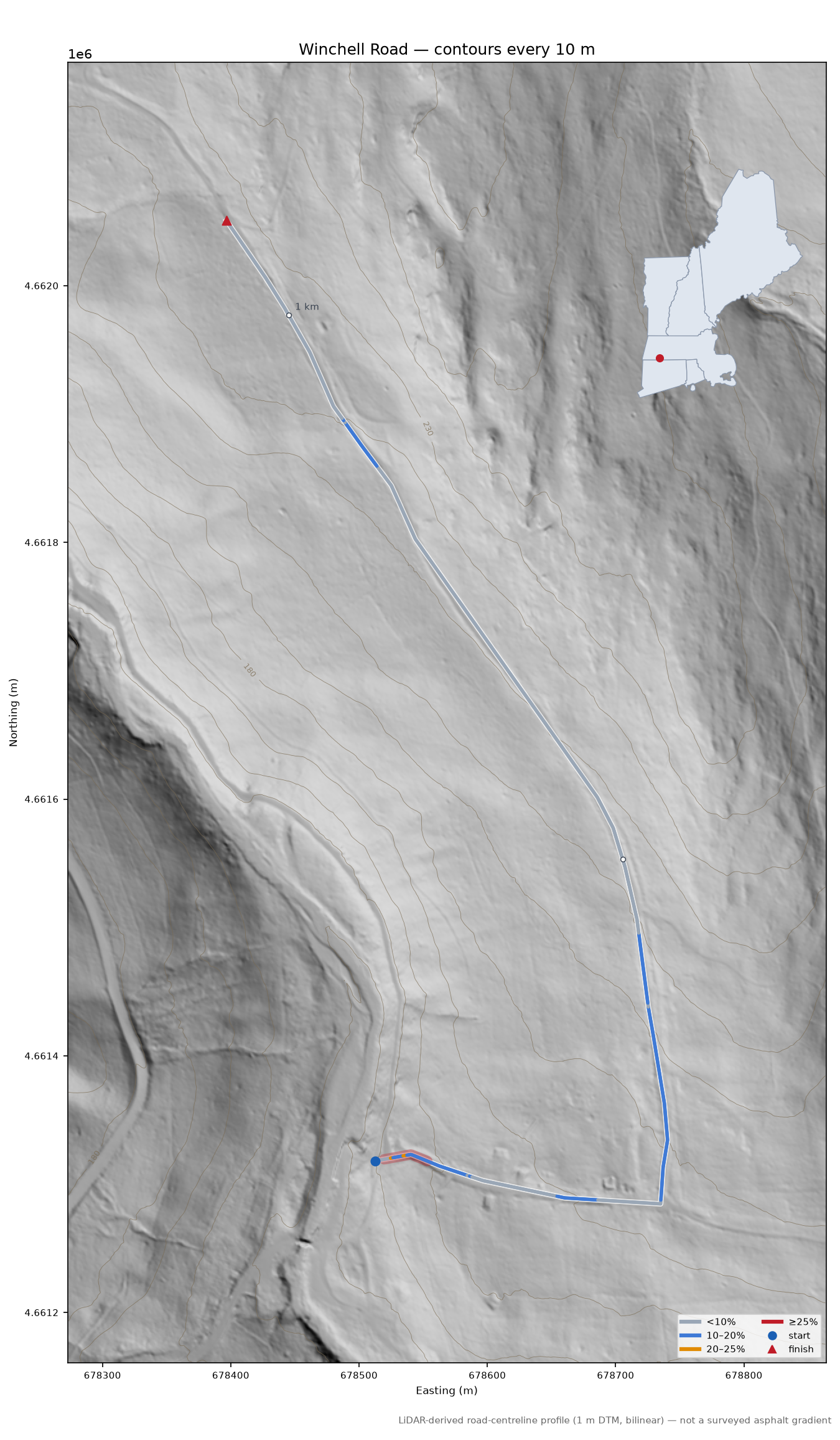 Winchell Road LiDAR hillshade map with contours