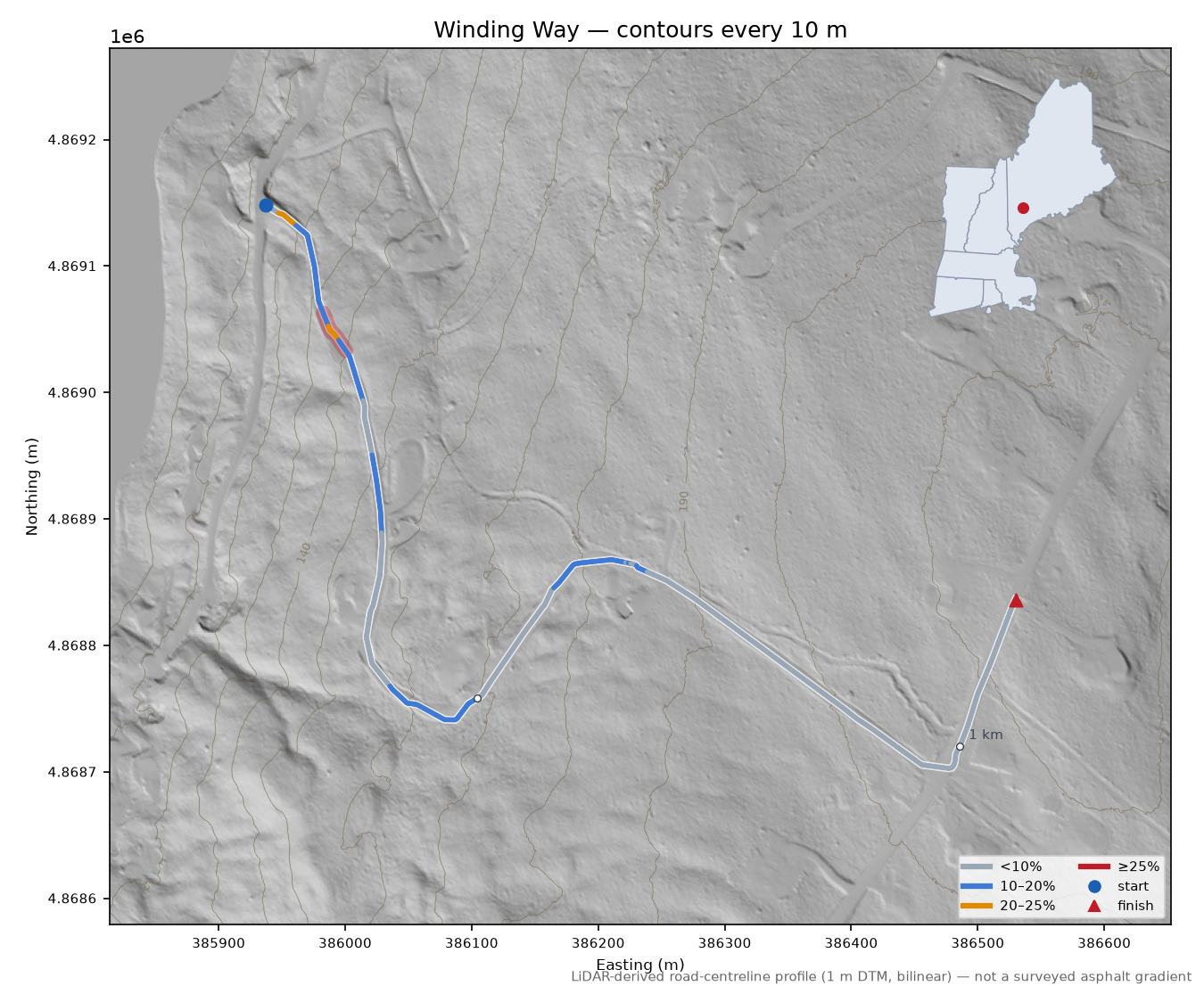 Winding Way LiDAR hillshade map with contours