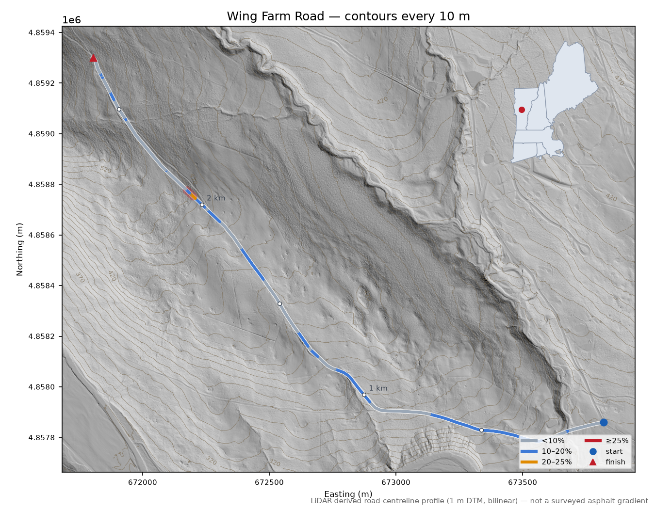 Wing Farm Road LiDAR hillshade map with contours