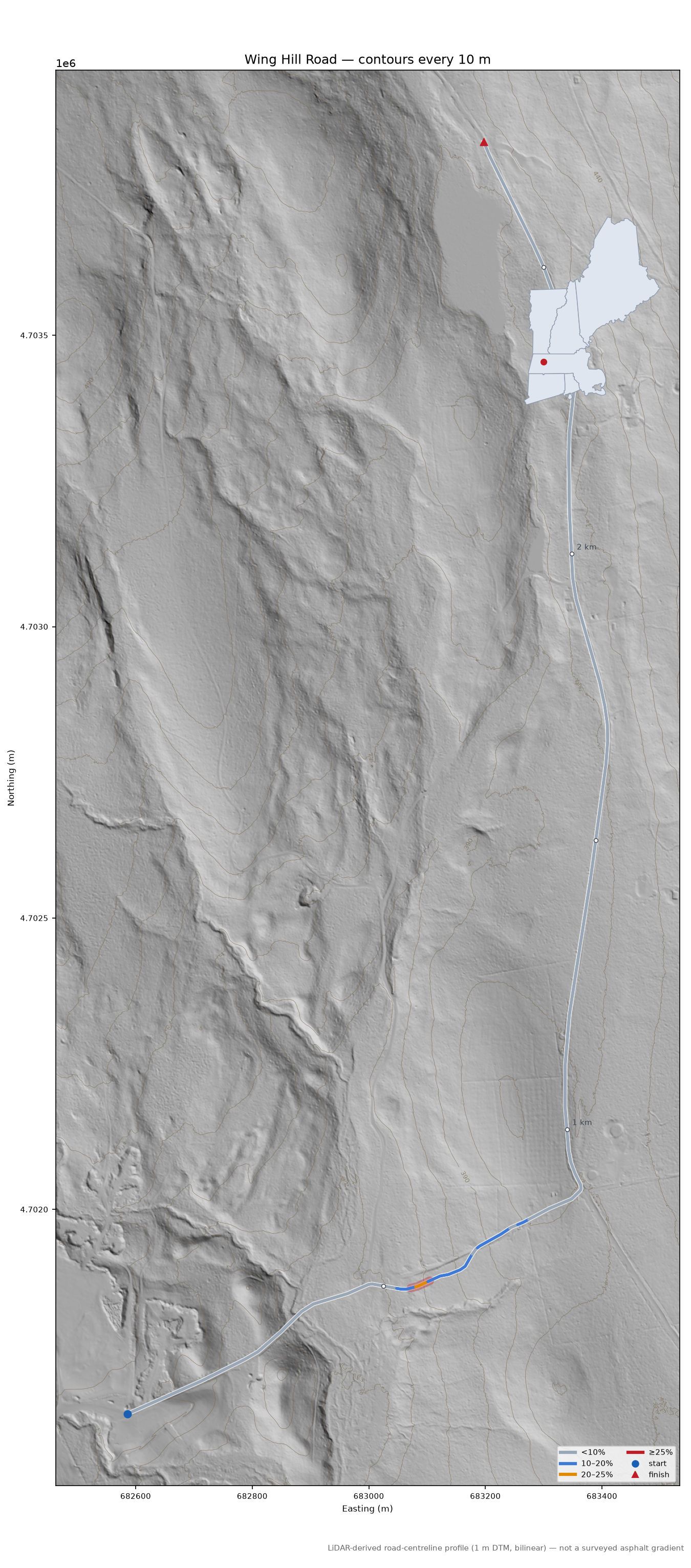 Wing Hill Road LiDAR hillshade map with contours
