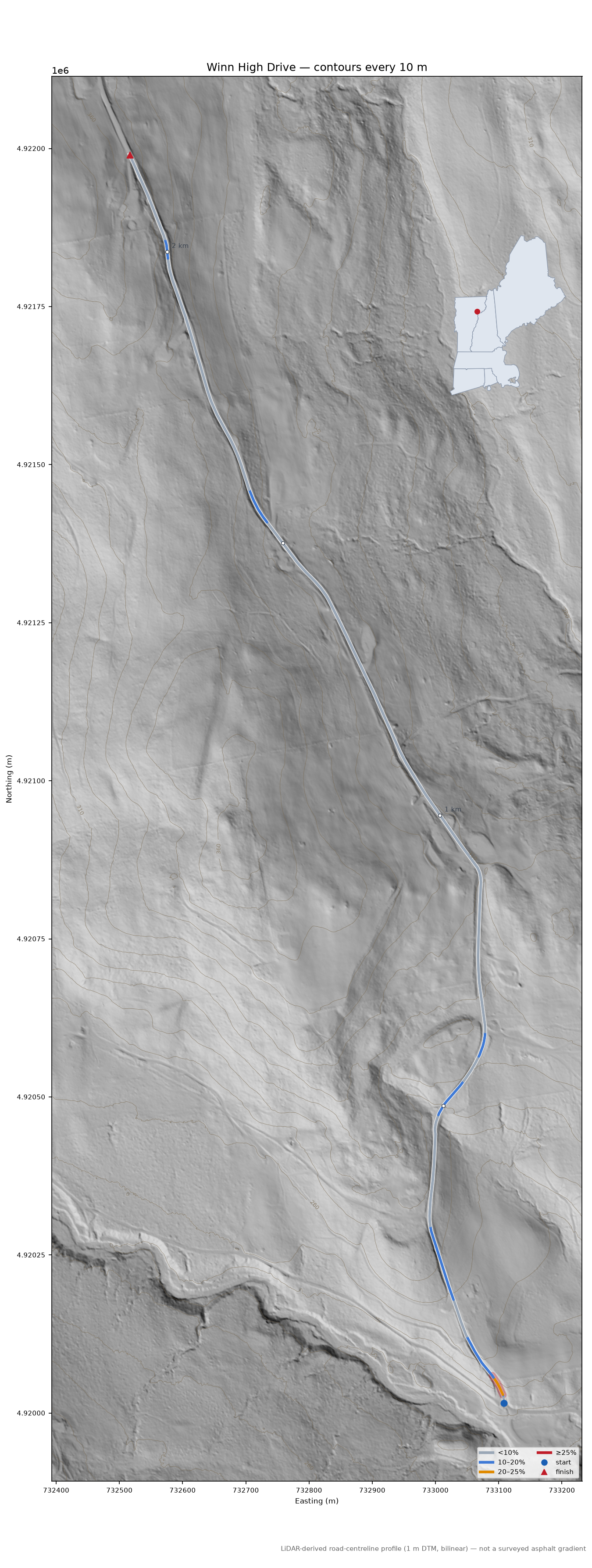 Winn High Drive LiDAR hillshade map with contours
