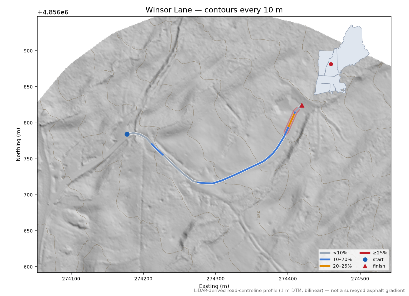 Winsor Lane LiDAR hillshade map with contours