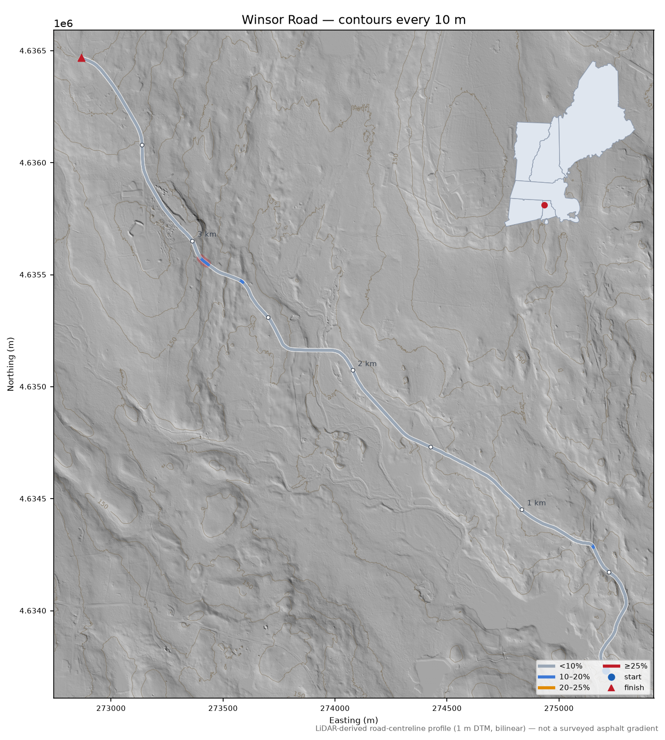 Winsor Road LiDAR hillshade map with contours