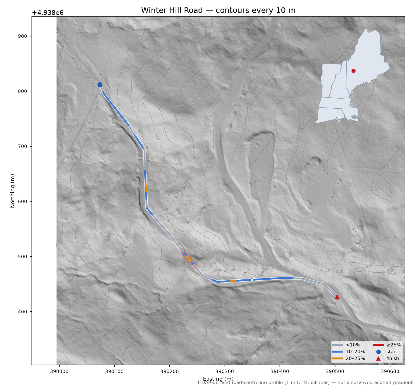 Winter Hill Road LiDAR hillshade map with contours