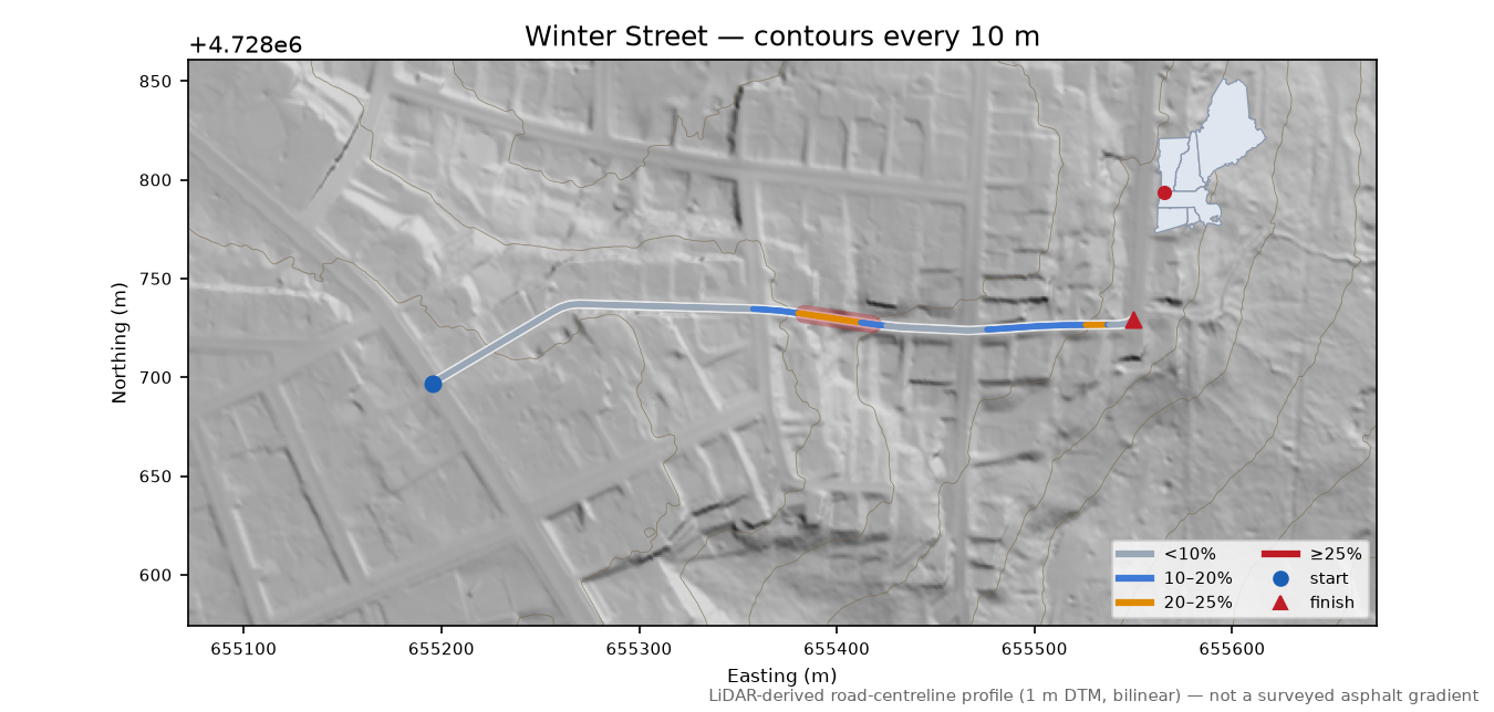 Winter Street LiDAR hillshade map with contours
