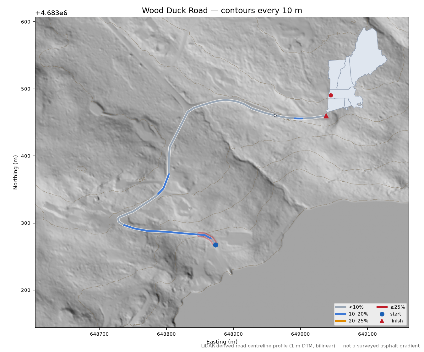 Wood Duck Road LiDAR hillshade map with contours