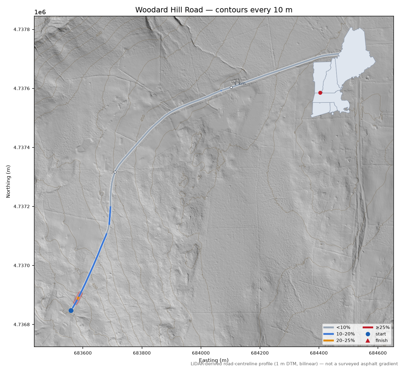 Woodard Hill Road LiDAR hillshade map with contours