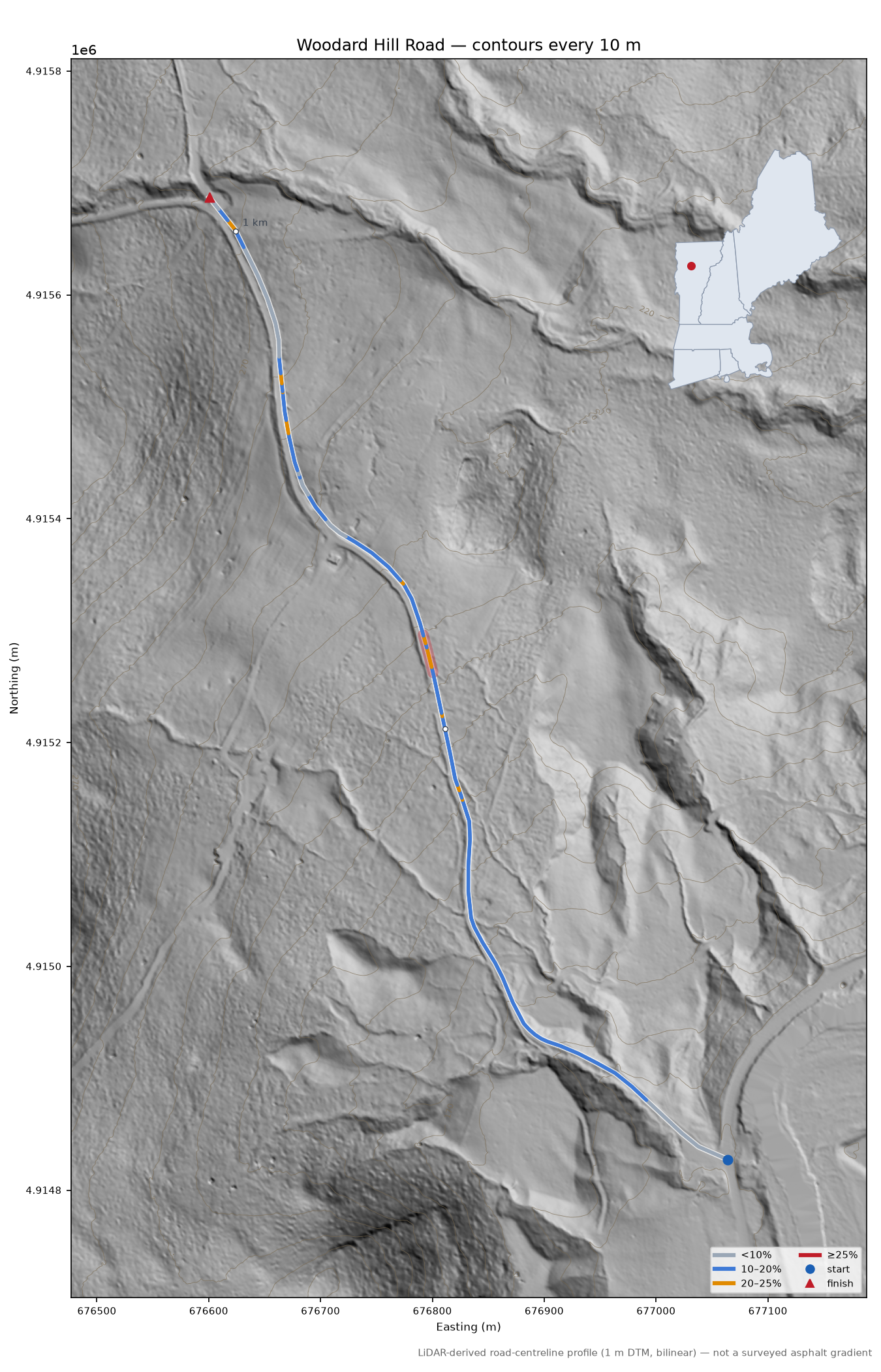 Woodard Hill Road LiDAR hillshade map with contours