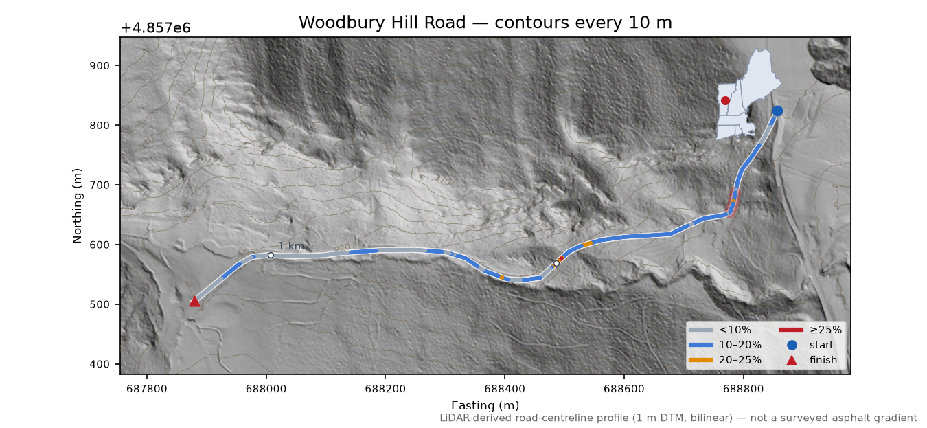 Woodbury Hill Road LiDAR hillshade map with contours