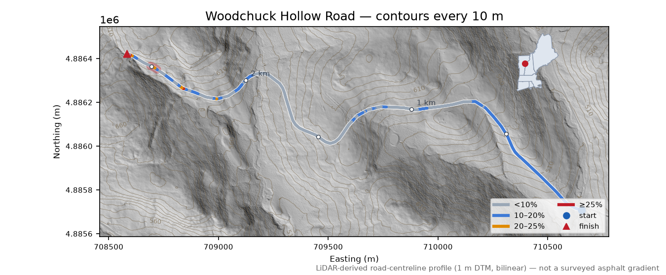 Woodchuck Hollow Road LiDAR hillshade map with contours