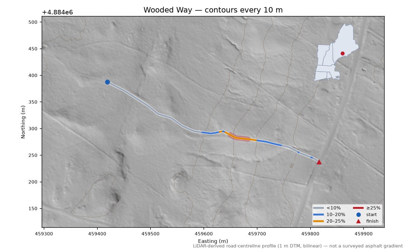 Wooded Way LiDAR hillshade map with contours