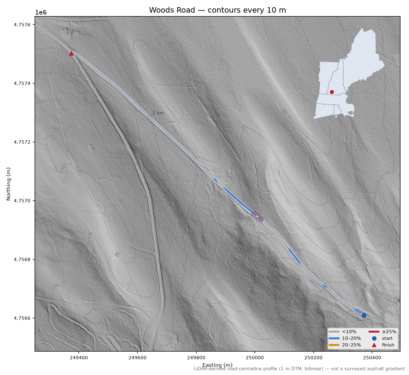 Woods Road LiDAR hillshade map with contours