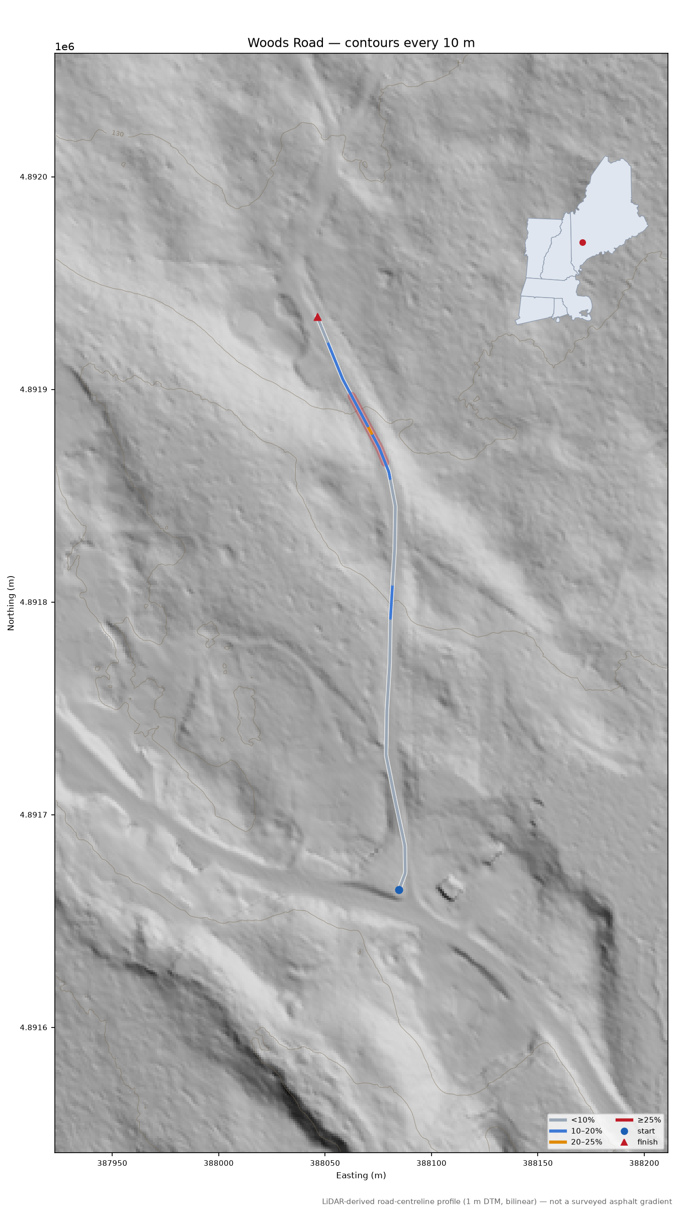 Woods Road LiDAR hillshade map with contours
