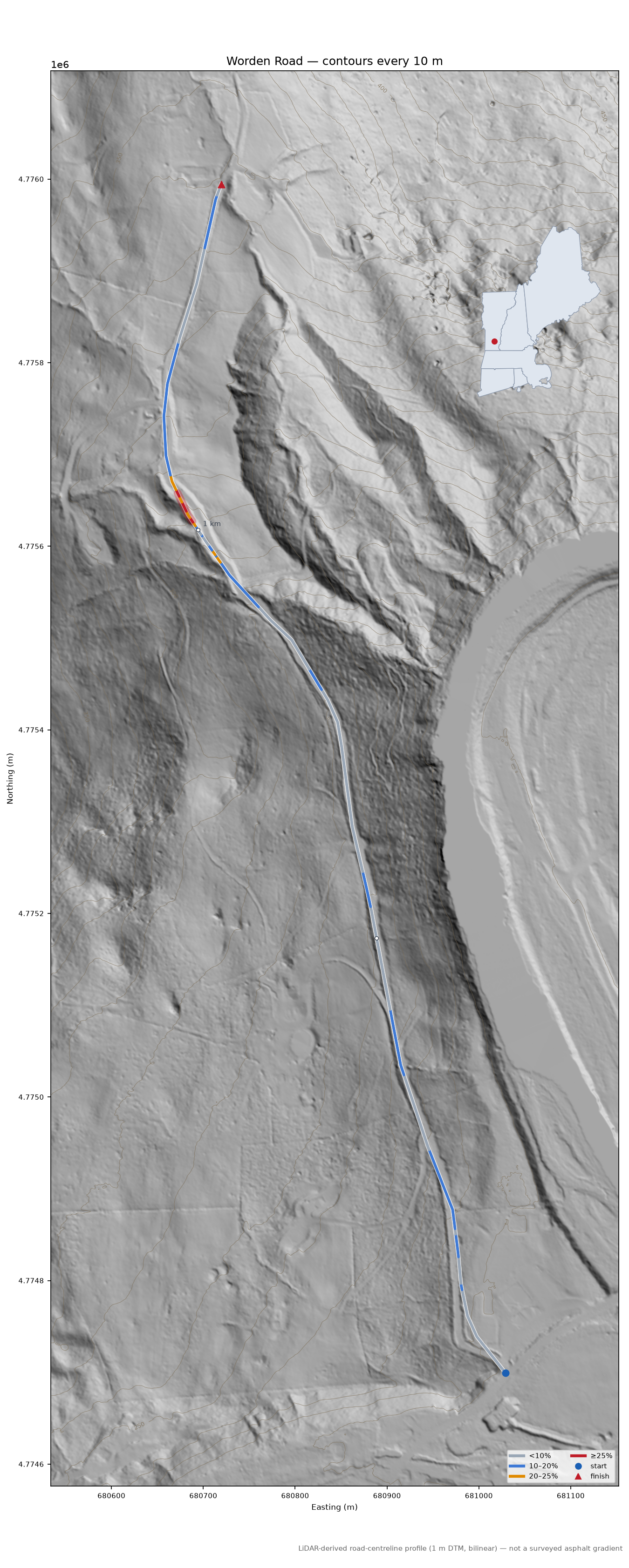 Worden Road LiDAR hillshade map with contours
