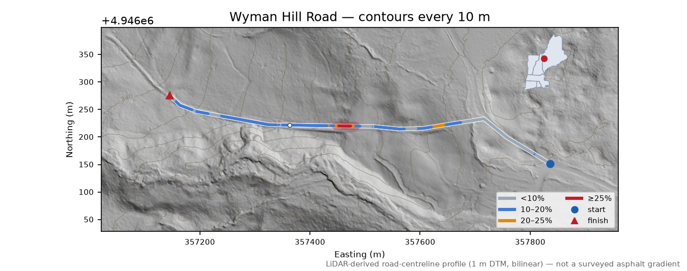 Wyman Hill Road LiDAR hillshade map with contours