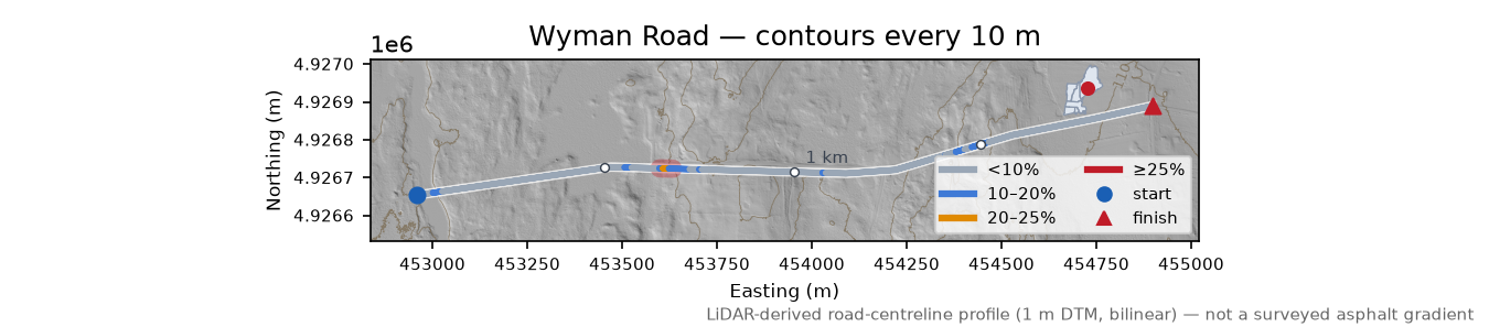 Wyman Road LiDAR hillshade map with contours