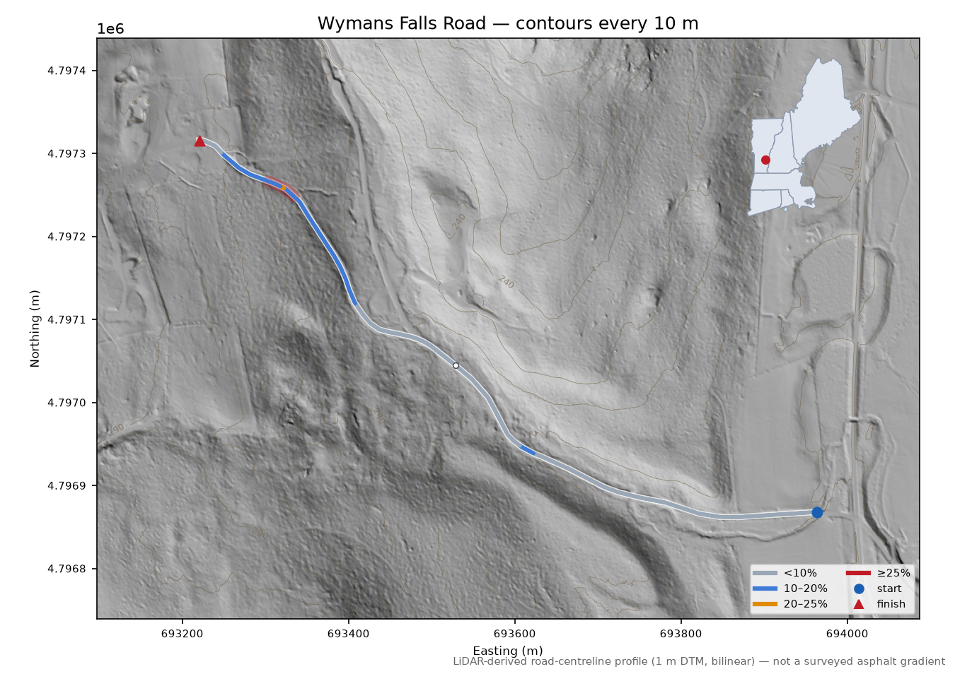 Wymans Falls Road LiDAR hillshade map with contours