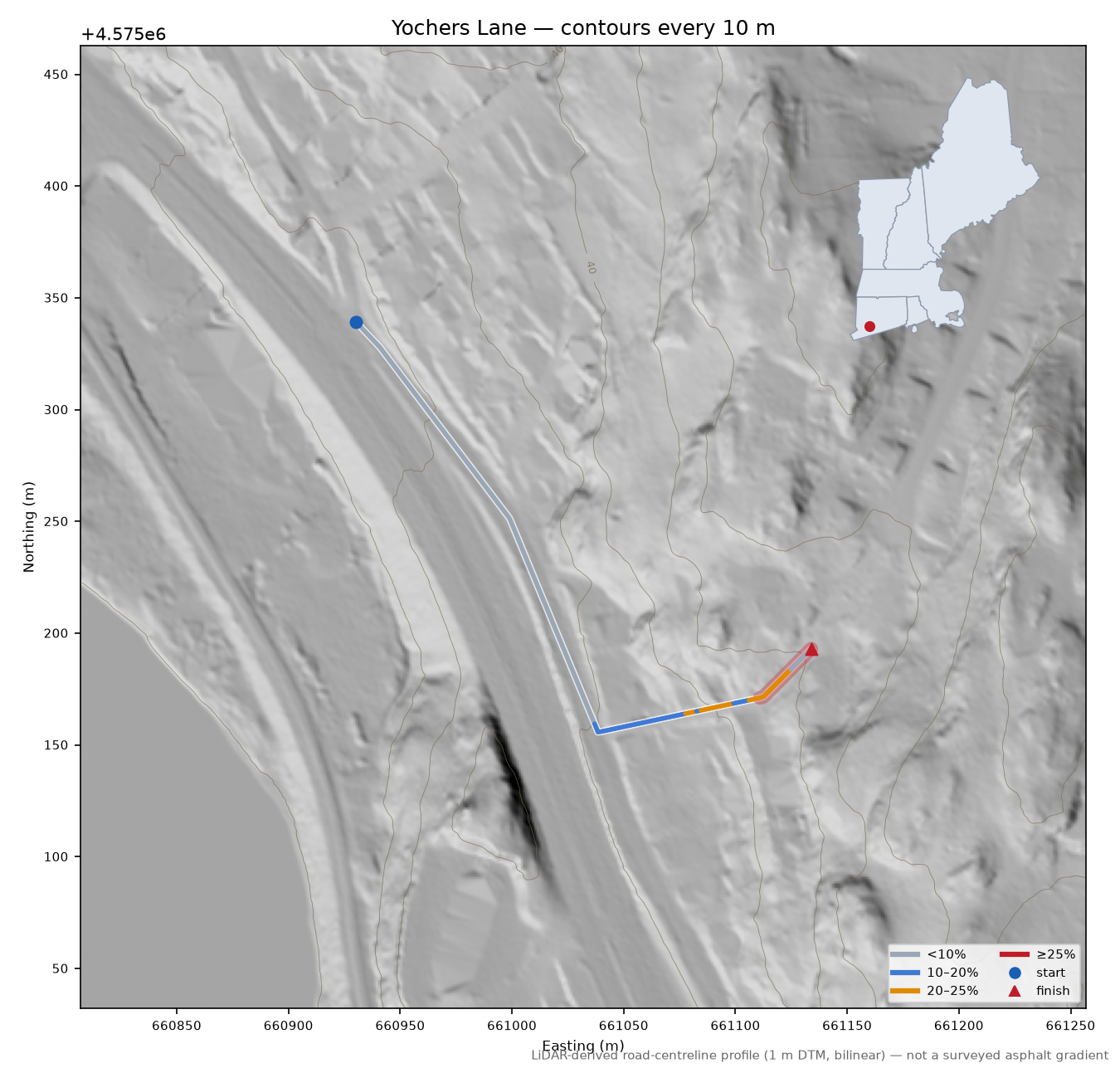 Yochers Lane LiDAR hillshade map with contours