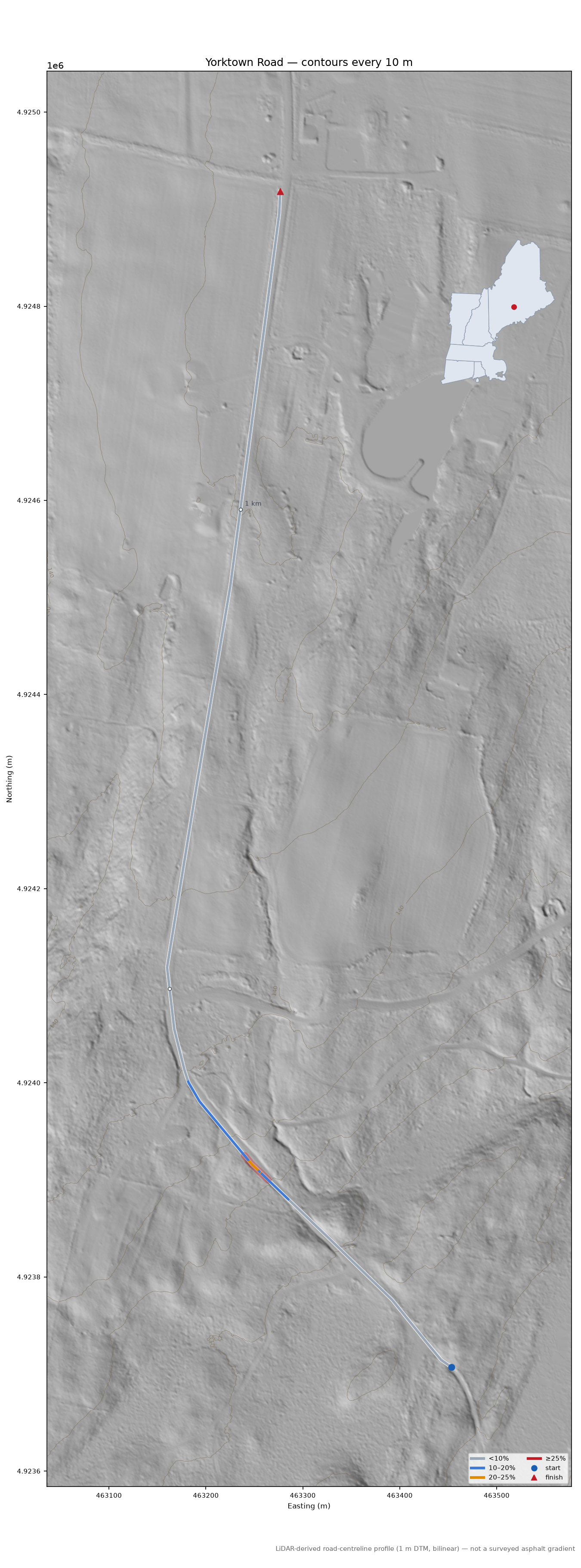 Yorktown Road LiDAR hillshade map with contours