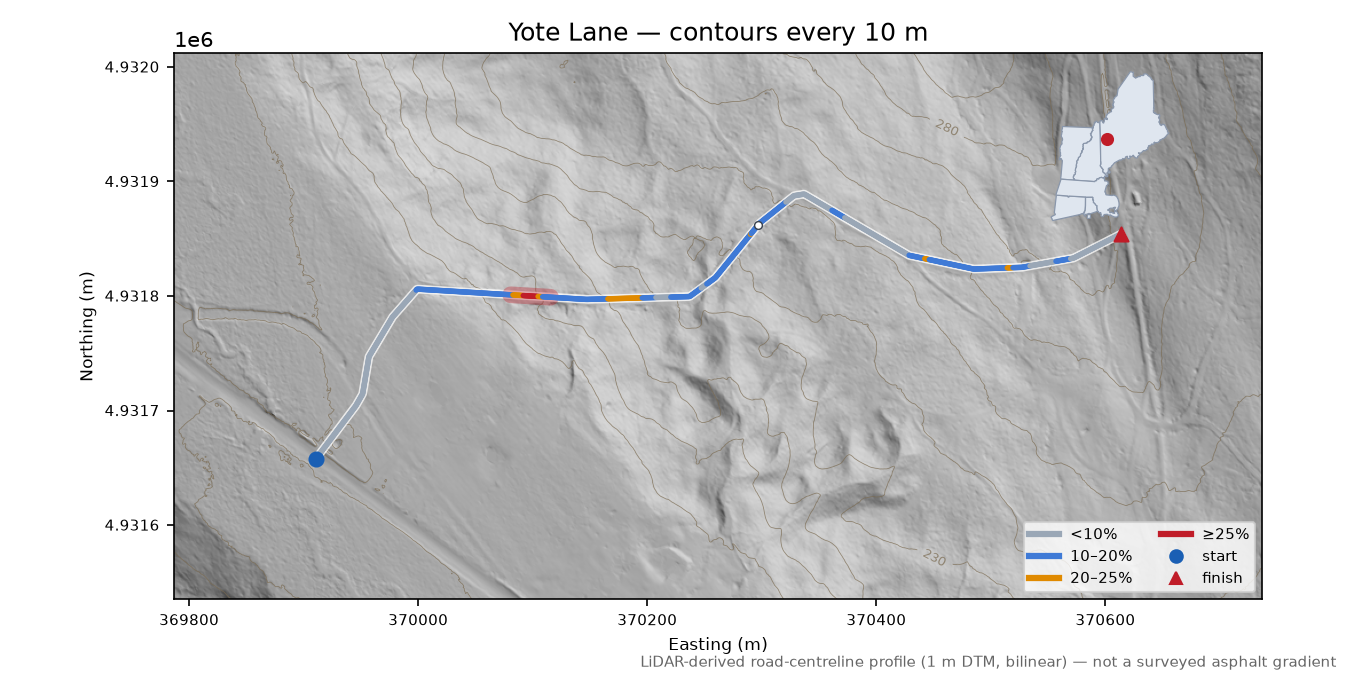 Yote Lane LiDAR hillshade map with contours