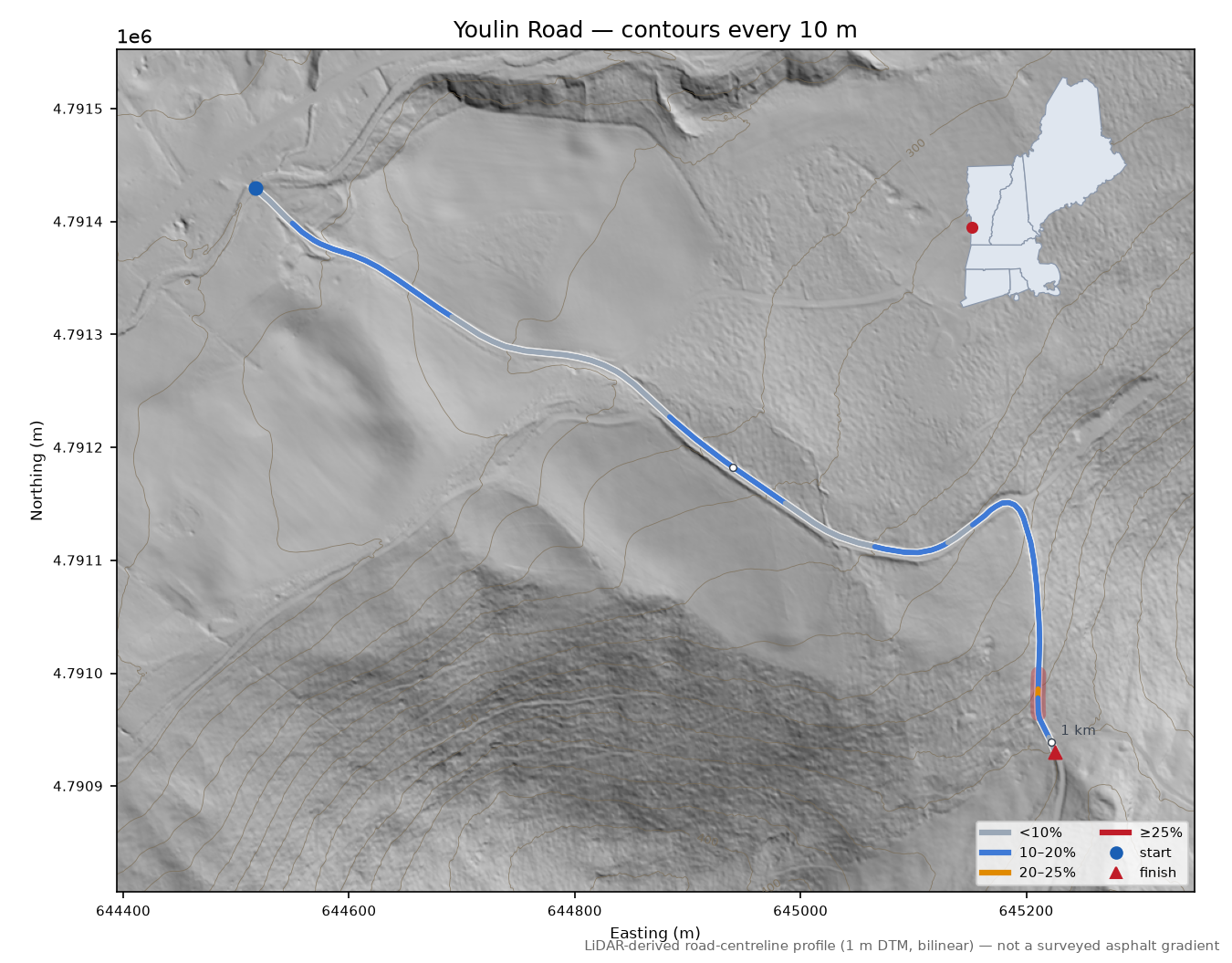 Youlin Road LiDAR hillshade map with contours